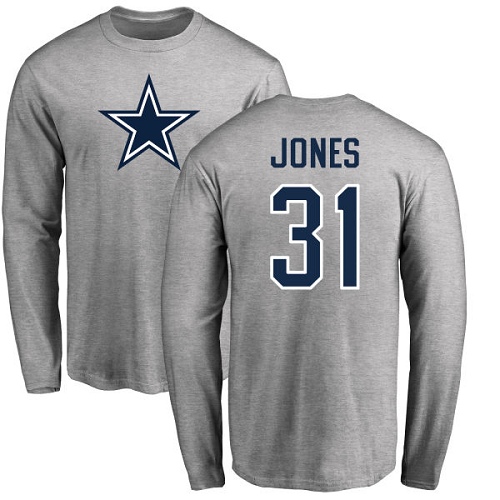 Men Dallas Cowboys Ash Byron Jones Name and Number Logo #31 Long Sleeve Nike NFL T Shirt
